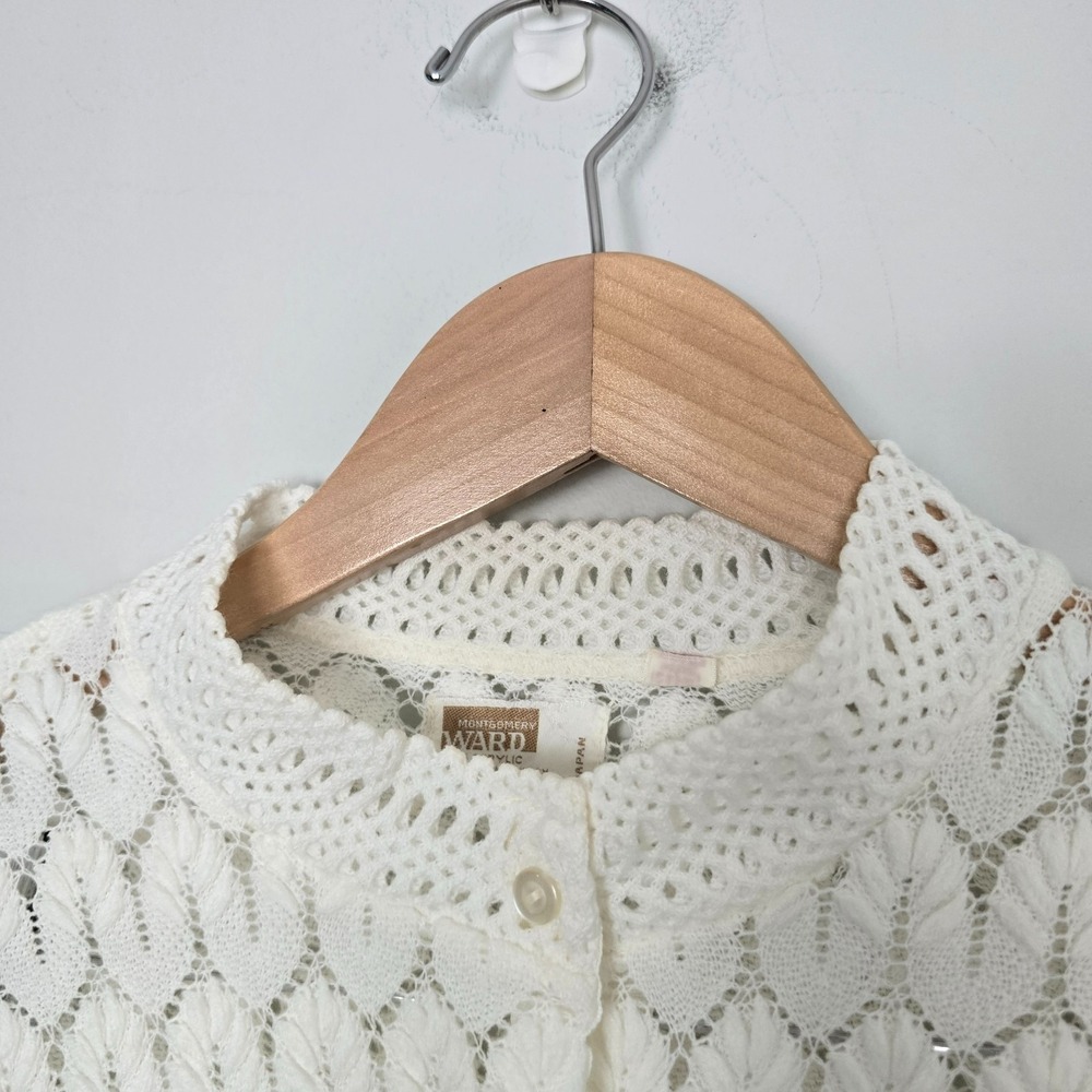 VTG 70s Montgomery Ward Women Cardigan Large White Boho Cottagecore Coquette - Picture 6 of 12